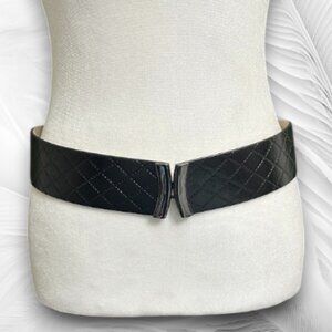 Black Quilted Wide Waist Belt with Elastic Back and Hook Closure